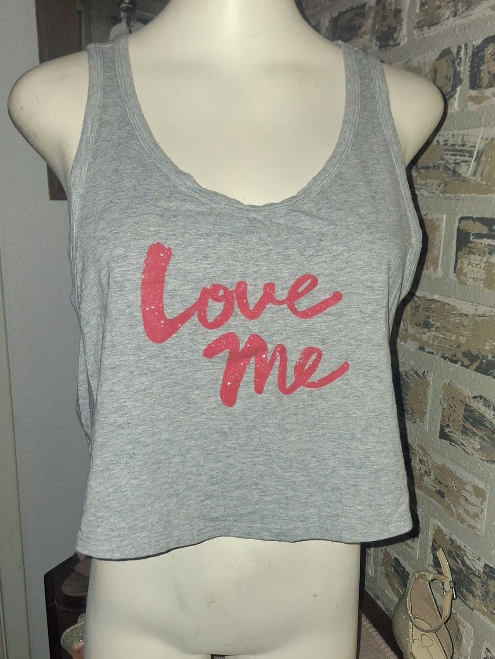 🌺Victoria Secret Gray Crop Top with Pink "Love Me" Letters